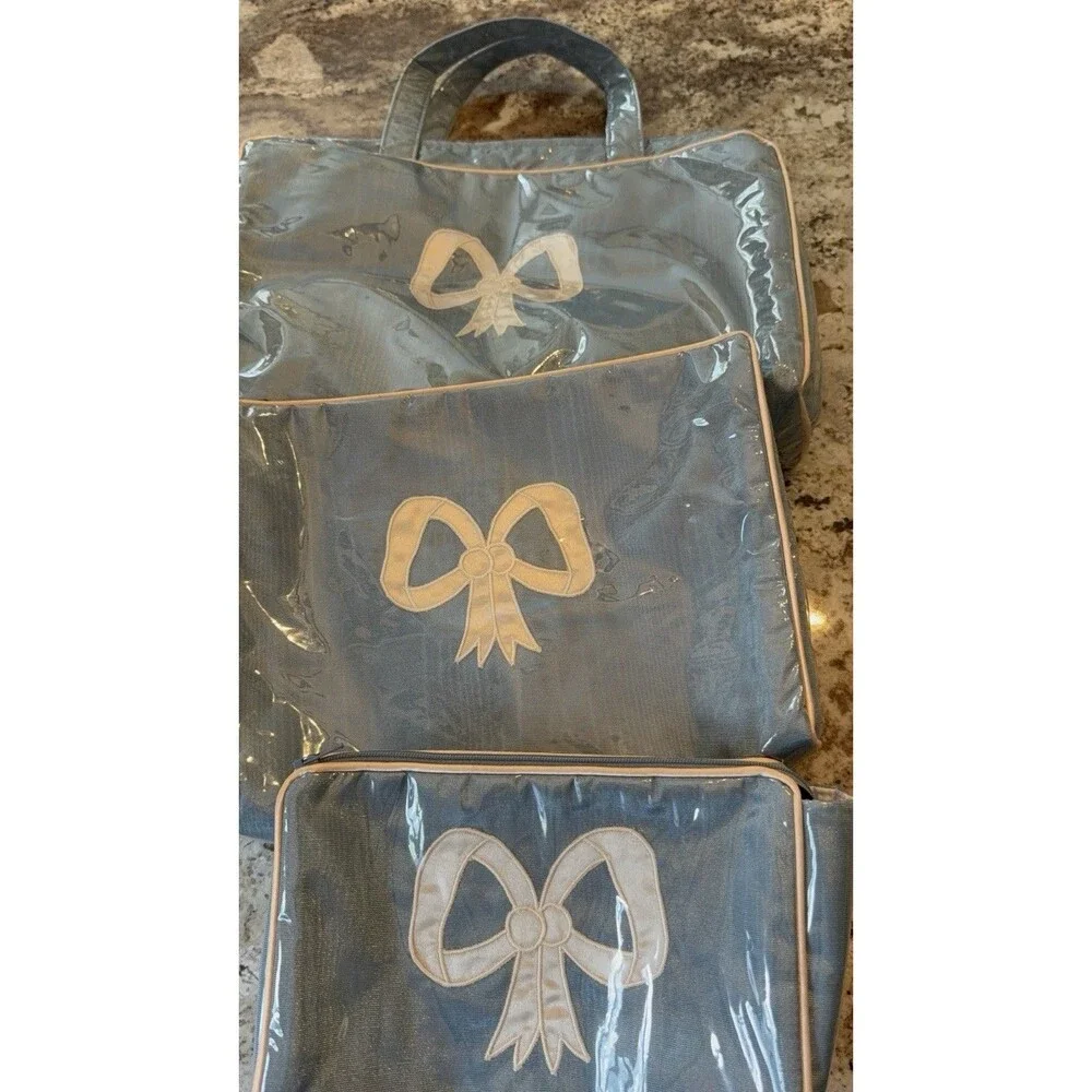 Women’s Travel Toiletry Bag Waterproof Clear Coated  Blue Ribbon Set Of 3